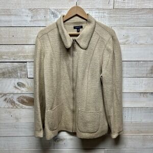 Lands End Jacket‎ Womens 16 Beige Wool Herringbone Full Zip Pockets